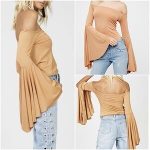 We The Free Tan/Camel Off-Shoulder Bell Sleeve Top